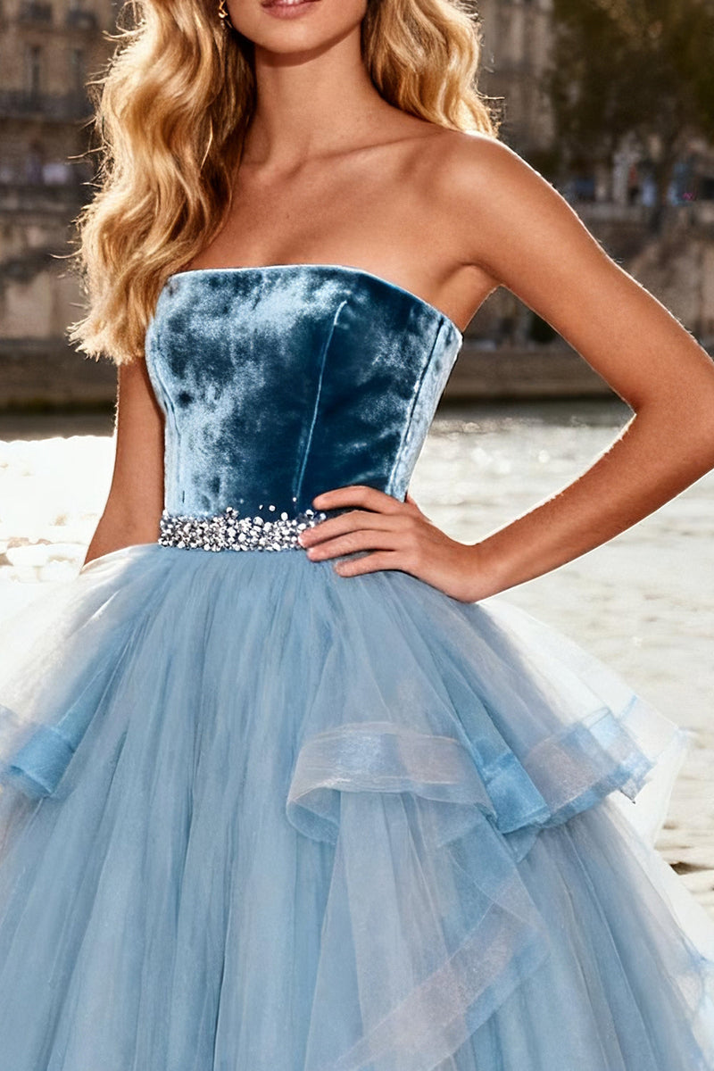 Load image into Gallery viewer, Sparkly Sky Blue Tulle Velvet Long A Line Prom Dress with Ruffles
