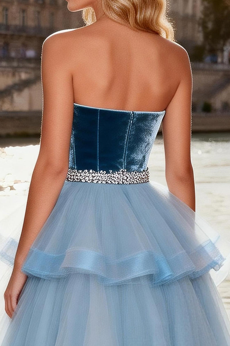 Load image into Gallery viewer, Sparkly Sky Blue Tulle Velvet Long A Line Prom Dress with Ruffles