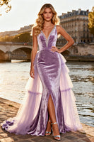 Load image into Gallery viewer, Sparkly Purple Velvet Ruffled Long Beaded Prom Dress with Cape