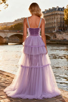 Load image into Gallery viewer, Sparkly Purple Velvet Ruffled Long Beaded Prom Dress with Cape
