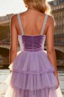 Load image into Gallery viewer, Sparkly Purple Velvet Ruffled Long Beaded Prom Dress with Cape