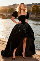Load image into Gallery viewer, Sparkly Black Velvet A Line Beaded High-Low Prom Dress with Sleeves
