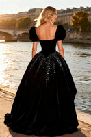 Load image into Gallery viewer, Sparkly Black Velvet A Line Beaded High-Low Prom Dress with Sleeves