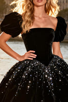 Load image into Gallery viewer, Sparkly Black Velvet A Line Beaded High-Low Prom Dress with Sleeves