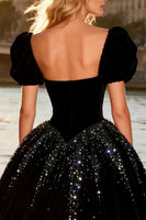 Load image into Gallery viewer, Sparkly Black Velvet A Line Beaded High-Low Prom Dress with Sleeves