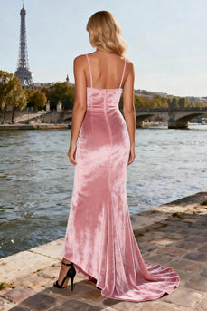 Sparkly Pink Velvet Beaded Long Mermaid Prom Dress