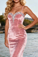 Load image into Gallery viewer, Sparkly Pink Velvet Beaded Long Mermaid Prom Dress