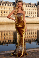 Load image into Gallery viewer, Sparkly Bronze Velvet Beaded Mermaid Long Prom Dress