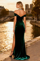 Load image into Gallery viewer, Sparkly Dark Green Velvet Corset Long Beaded Prom Dress with Slit