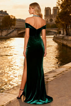 Sparkly Dark Green Velvet Corset Long Beaded Prom Dress with Slit