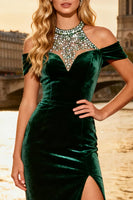 Load image into Gallery viewer, Sparkly Dark Green Velvet Corset Long Beaded Prom Dress with Slit