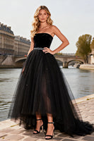 Load image into Gallery viewer, Sparkly Black Tulle A Line Strapless Beaded Long Prom Dress