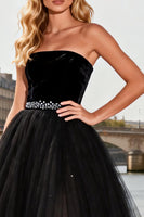 Load image into Gallery viewer, Sparkly Black Tulle A Line Strapless Beaded Long Prom Dress
