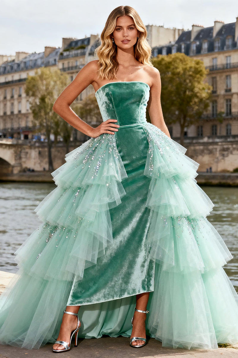 Load image into Gallery viewer, Sparkly Mint Green Velvet Ruffled Long Prom Dress with Tulle