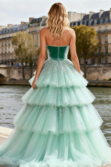 Sparkly Mint Green Velvet Ruffled Long Prom Dress with Tulle