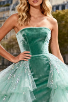 Load image into Gallery viewer, Sparkly Mint Green Velvet Ruffled Long Prom Dress with Tulle