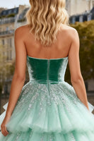 Load image into Gallery viewer, Sparkly Mint Green Velvet Ruffled Long Prom Dress with Tulle