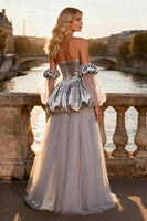 Load image into Gallery viewer, Sparkly Silver Velvet Long Sequin Prom Dress with Slit