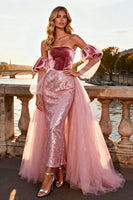 Load image into Gallery viewer, Sparkly Pink Velvet Sequin Sheath Long Prom Dress with Cape