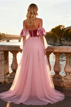Sparkly Pink Velvet Sequin Sheath Long Prom Dress with Cape