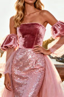 Load image into Gallery viewer, Sparkly Pink Velvet Sequin Sheath Long Prom Dress with Cape