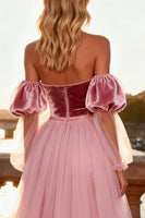 Load image into Gallery viewer, Sparkly Pink Velvet Sequin Sheath Long Prom Dress with Cape