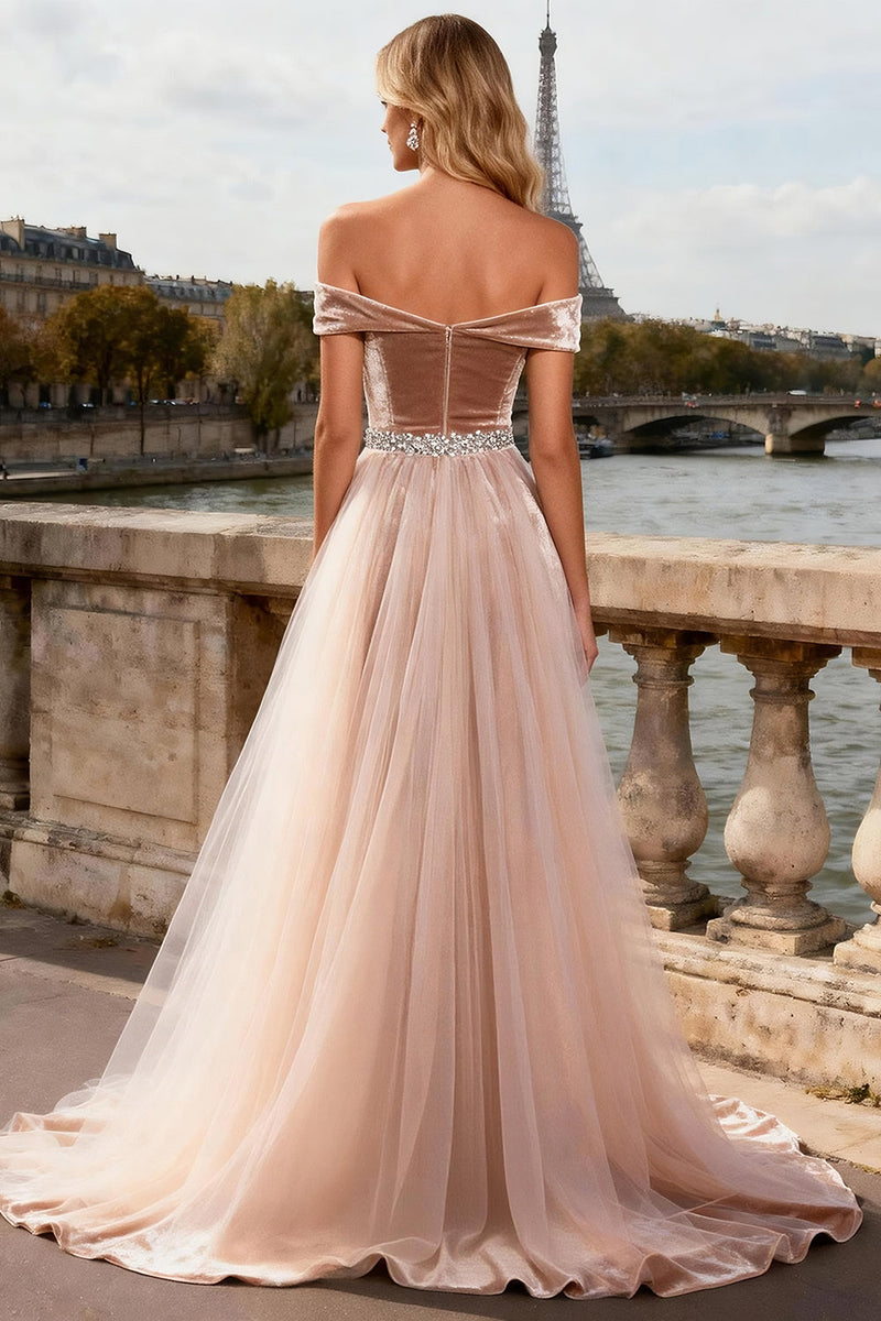 Load image into Gallery viewer, Sparkly Champagne Velvet Corset Long Prom Dress with Cape