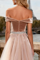 Load image into Gallery viewer, Sparkly Champagne Velvet Corset Long Prom Dress with Cape