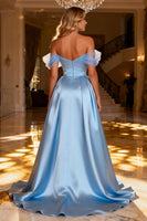 Load image into Gallery viewer, Sparkly Sky Blue Satin Beaded Off the Shoulder Long Prom Dress with Cape
