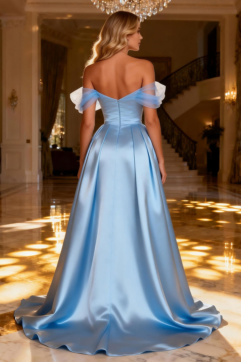 Load image into Gallery viewer, Sparkly Sky Blue Satin Beaded Off the Shoulder Long Prom Dress with Cape