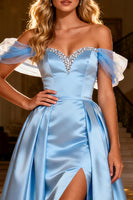 Load image into Gallery viewer, Sparkly Sky Blue Satin Beaded Off the Shoulder Long Prom Dress with Cape