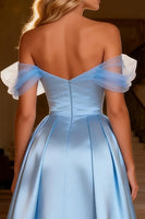 Load image into Gallery viewer, Sparkly Sky Blue Satin Beaded Off the Shoulder Long Prom Dress with Cape