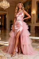 Load image into Gallery viewer, Sparkly Pink Satin Beaded Ruffled Long Prom Dress with Cape