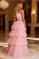 Load image into Gallery viewer, Sparkly Pink Satin Beaded Ruffled Long Prom Dress with Cape