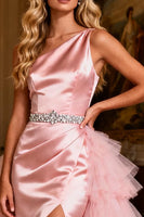 Load image into Gallery viewer, Sparkly Pink Satin Beaded Ruffled Long Prom Dress with Cape
