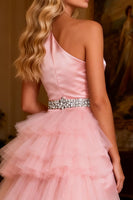 Load image into Gallery viewer, Sparkly Pink Satin Beaded Ruffled Long Prom Dress with Cape