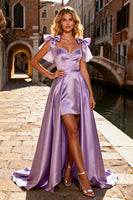 Load image into Gallery viewer, Sparkly Light Purple Satin Beaded High-Low Prom Dress with Bows