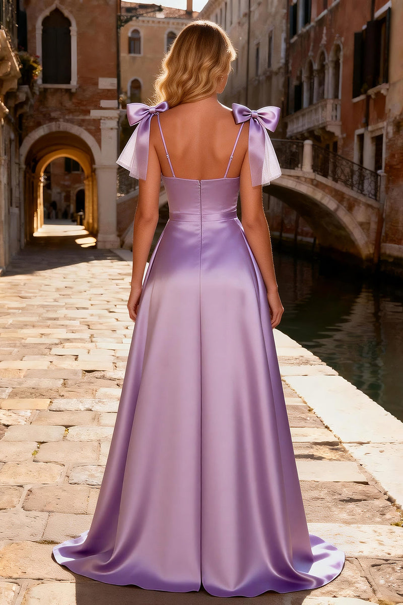 Load image into Gallery viewer, Sparkly Light Purple Satin Beaded High-Low Prom Dress with Bows