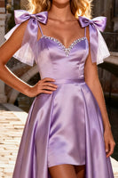Load image into Gallery viewer, Sparkly Light Purple Satin Beaded High-Low Prom Dress with Bows
