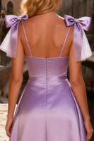Load image into Gallery viewer, Sparkly Light Purple Satin Beaded High-Low Prom Dress with Bows