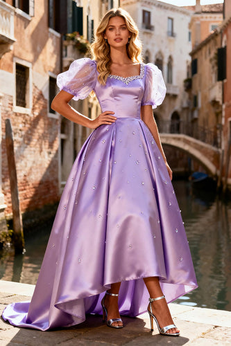 Sparkly Light Purple Beaded A Line Long Satin Prom Dress with Sleeves