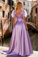 Load image into Gallery viewer, Sparkly Light Purple Beaded A Line Long Satin Prom Dress with Sleeves