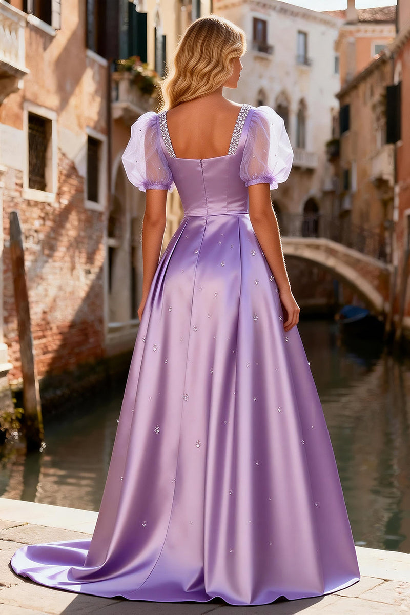 Load image into Gallery viewer, Sparkly Light Purple Beaded A Line Long Satin Prom Dress with Sleeves