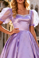 Load image into Gallery viewer, Sparkly Light Purple Beaded A Line Long Satin Prom Dress with Sleeves