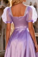 Load image into Gallery viewer, Sparkly Light Purple Beaded A Line Long Satin Prom Dress with Sleeves