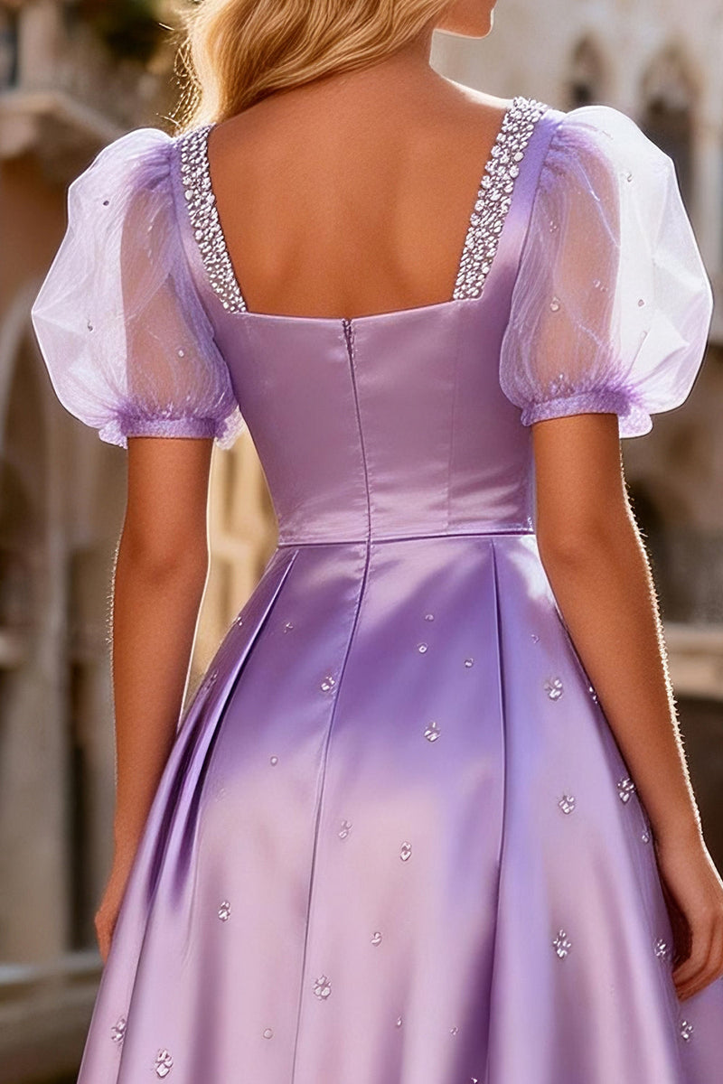 Load image into Gallery viewer, Sparkly Light Purple Beaded A Line Long Satin Prom Dress with Sleeves
