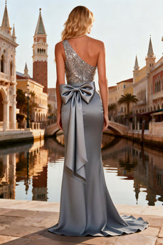 Sparkly Grey One Shoulder Long Sequin Prom Dress with Bow