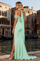 Load image into Gallery viewer, Mint Green Satin Pearls Long Prom Dress with Slit