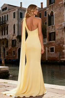 Load image into Gallery viewer, Light Yellow Pearls Long Mermaid Prom Dress with Slit