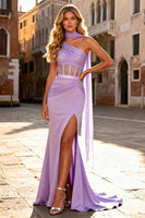 Load image into Gallery viewer, Light Purple Satin Corset Long Mermaid Prom Dress with Slit